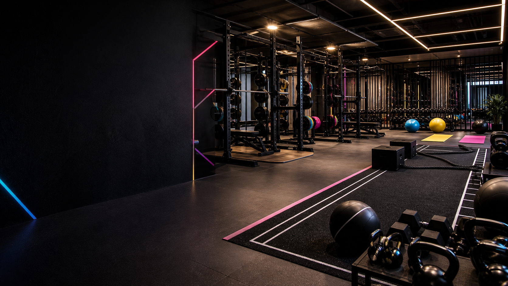 Premium fitness club interior with training equipment